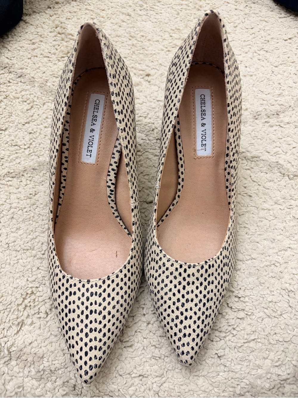 Chelsea & Violet Cream and Black Spotted Pointed-Toe Pumps